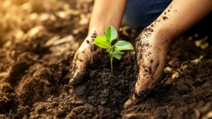 Mains plantant un jeune plant, symbole de l’héritage des femmes fondatrices de la Coop FA