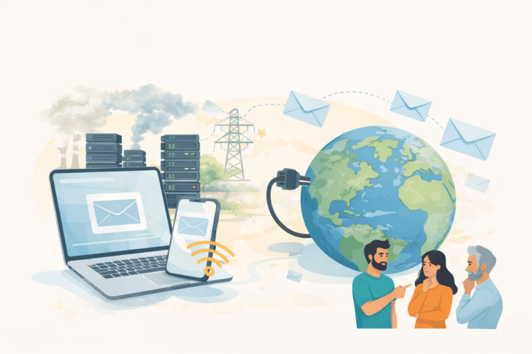Illustration de l’impact environnemental des e-mails et du stockage numérique